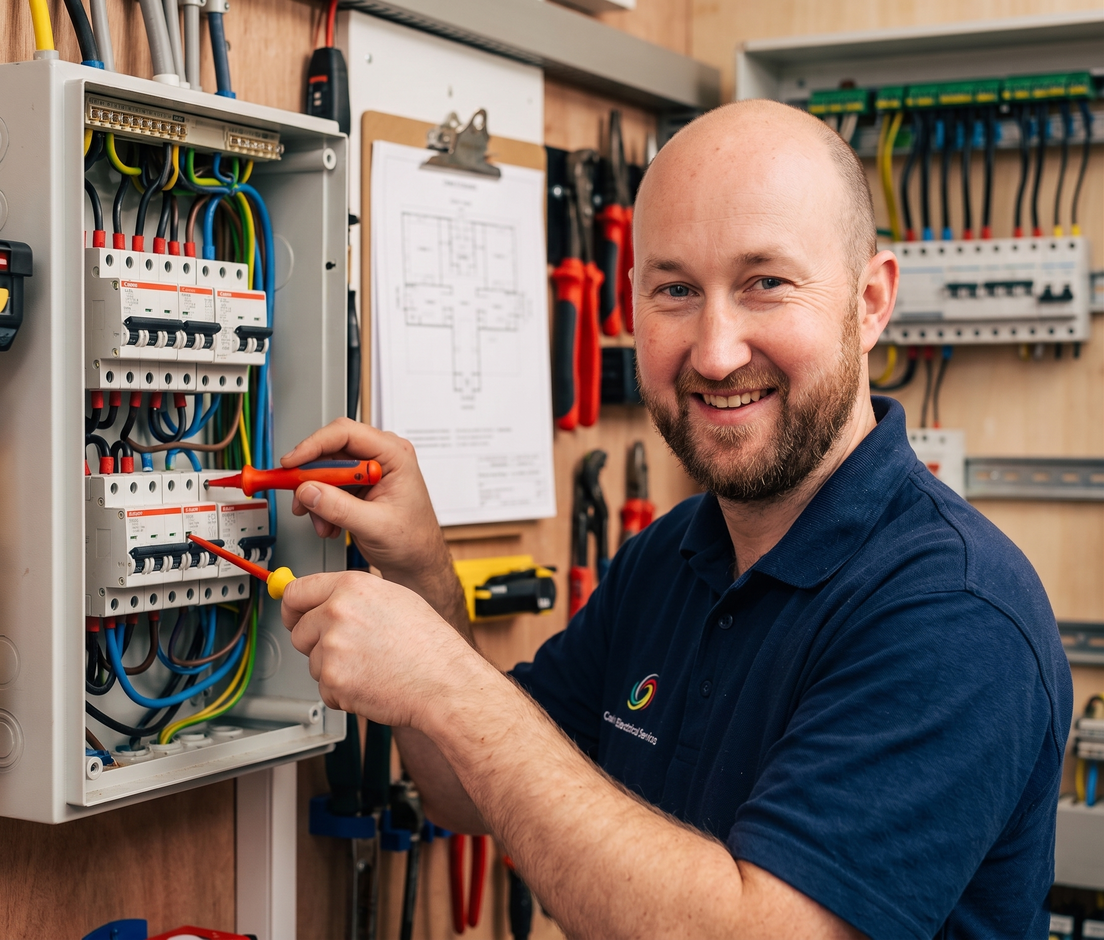 Cathal Lawlor, founder of Carlow Electrical Services, working at a consumer unit