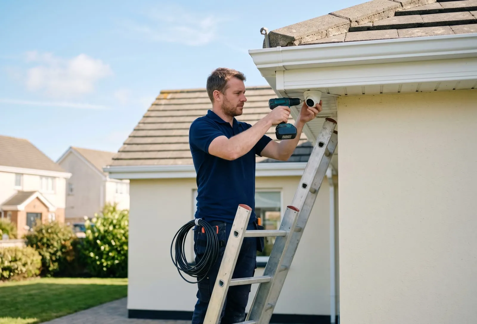 A CCTV camera installed under the eaves of a home