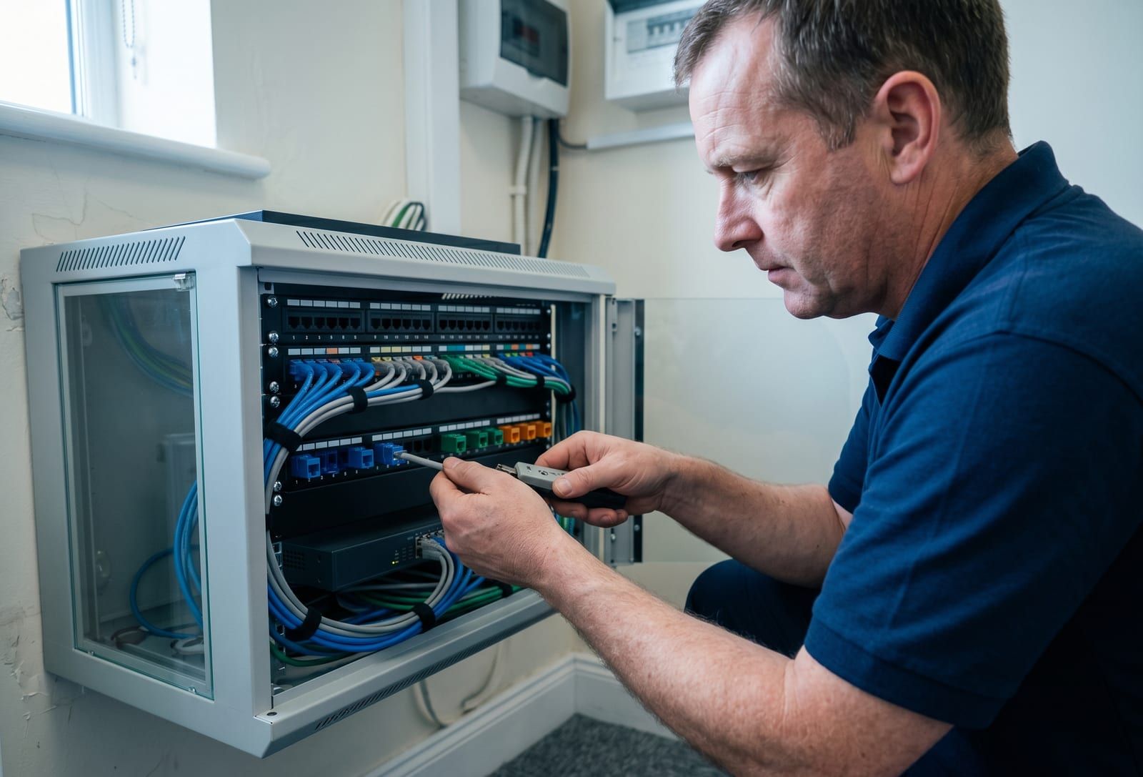 Electrician terminating Cat6 cabling in a network patch panel