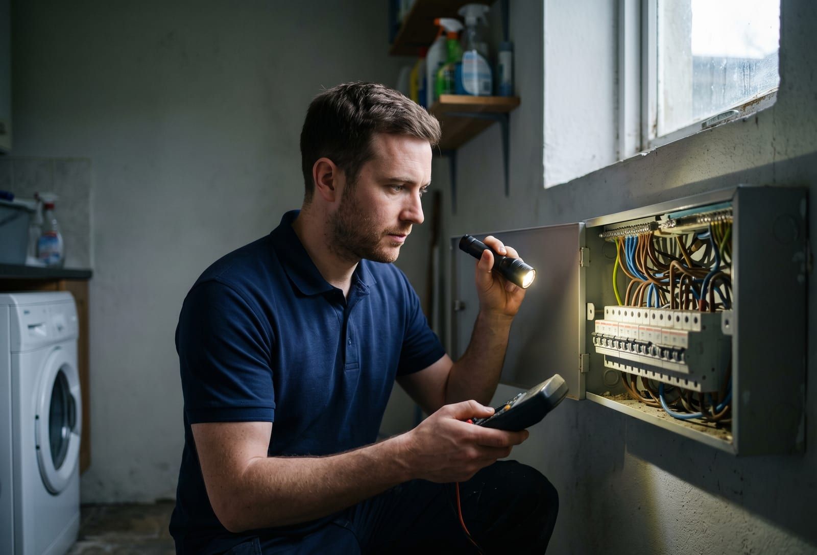 Emergency electrician checking a consumer unit by torchlight in a Carlow home