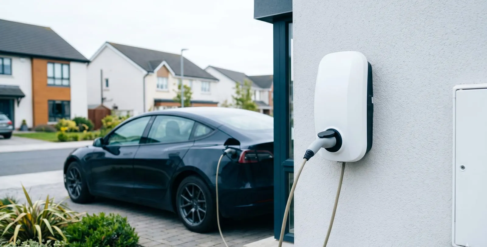 Home EV charger mounted on a house wall, connected to an electric car