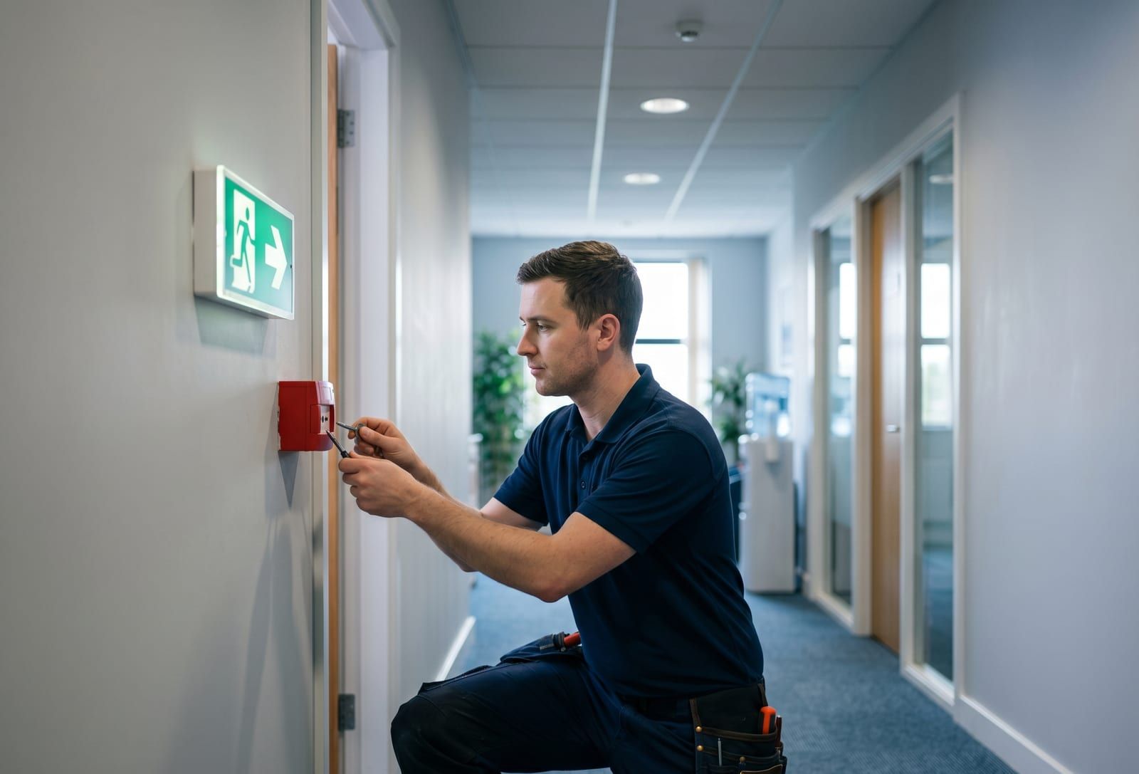 Electrician testing a fire alarm call point beside an emergency exit light