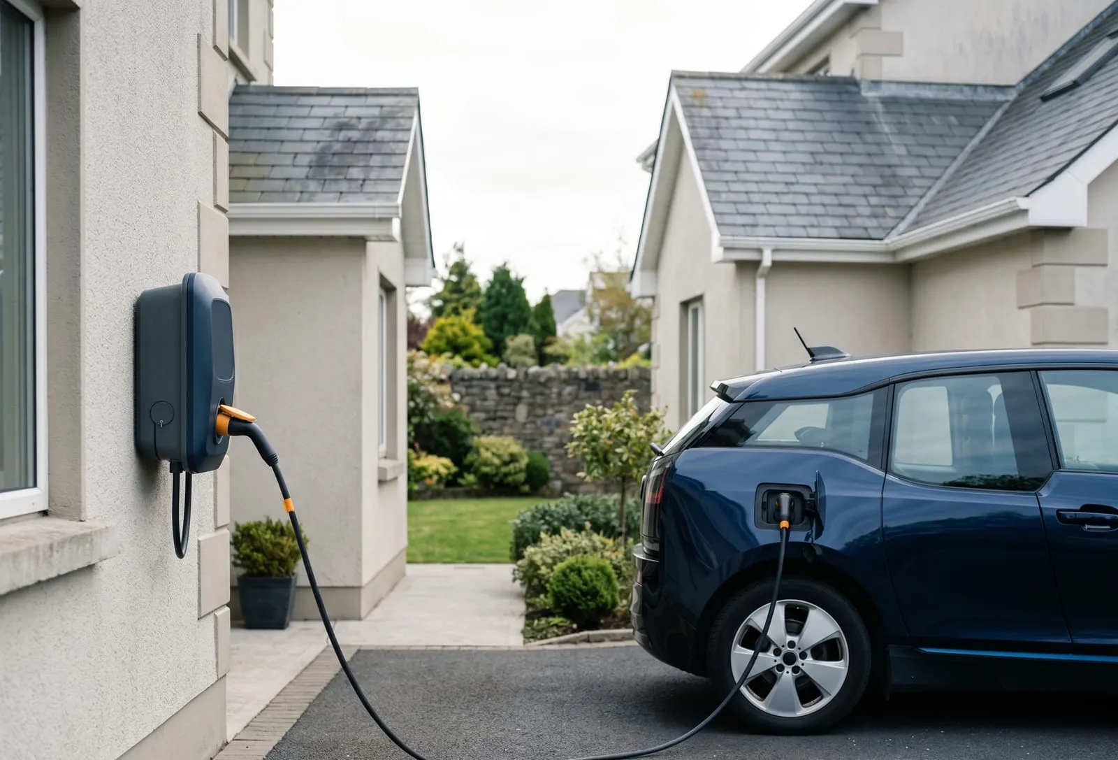 Electric car charging from a home EV charger on a driveway