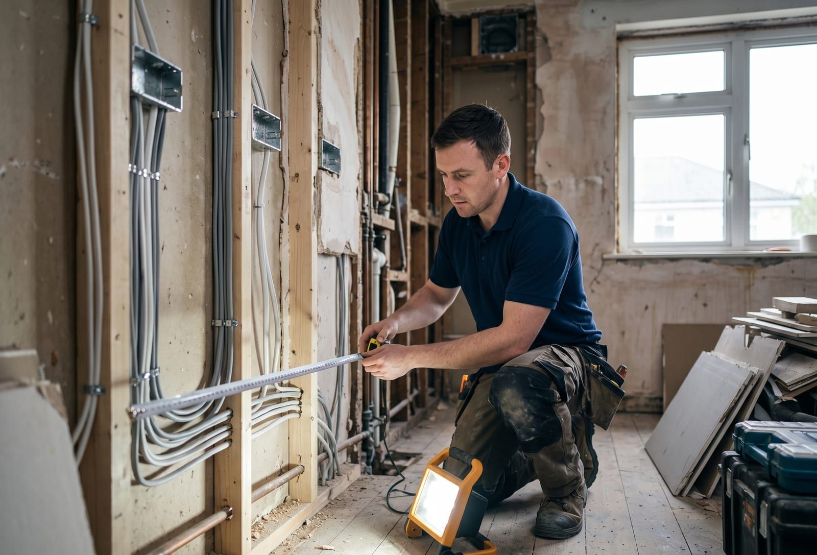 Electrician running new cabling during a house rewire in Co. Carlow